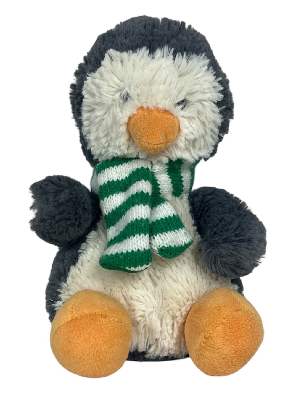 Jellycat Penguin in Gray, White, Orange with Green Striped Scarf